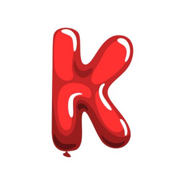 Büyük harf K parlak kırmızı hava balonu şeklinde karikatür. Orijinal İngilizce alfabe yazı tipi. Çocuklar eğitim kartı, el ilanı veya poster için yalıtılmış düz vektör tasarımı