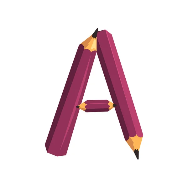 Lettera alfabeto colorato A creato con tre matite viola. Un personaggio dei cartoni. Design vettoriale piatto per libri didattici per bambini, poster in classe o adesivo — Vettoriale Stock