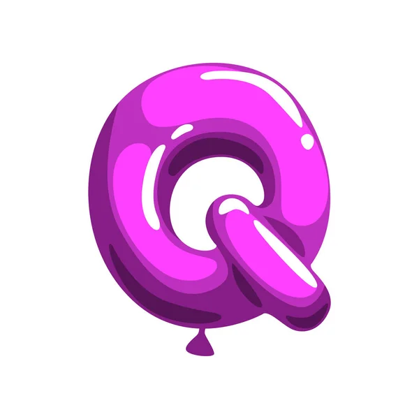 Komiska bokstaven Q i form av ljusa violet ballong. Cartoon teckensnitt i platt stil. Roliga barn utbildning kort. Vektor design för promotion flygblad eller affisch — Stock vektor