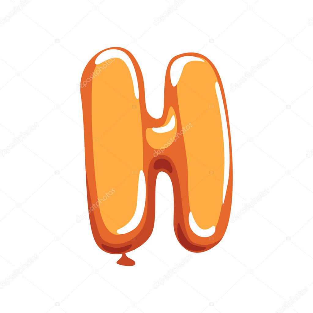 Orange letter H from English alphabet in shape of glossy balloon. Funny education. Cartoon font in flat style. Vector design for birthday postcard or invitation card