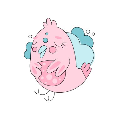 Şirin pembe kuş mavi kabarık bulut arka plan düz Hat sanatı. Çocuk çizim stili ver. Çizgi film vektör tasarımı için yazdırma, etiket veya kitap kapağı