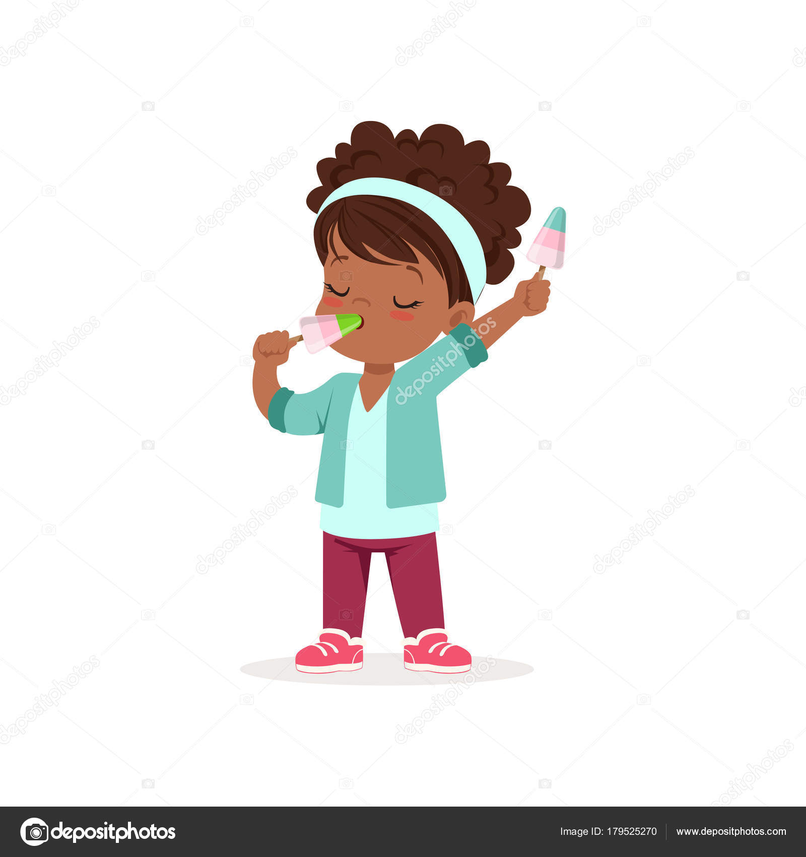Curly-haired african baby girl holding and eating two ice-cream on