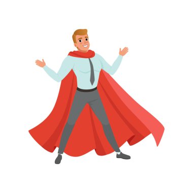 Silah açık duran başarılı iş adamı. Gömlek, pantolon ve klasik kırmızı süper kahraman pelerinli erkek karakter karikatür. Kariyer ilerleme. Düz vektör tasarımı