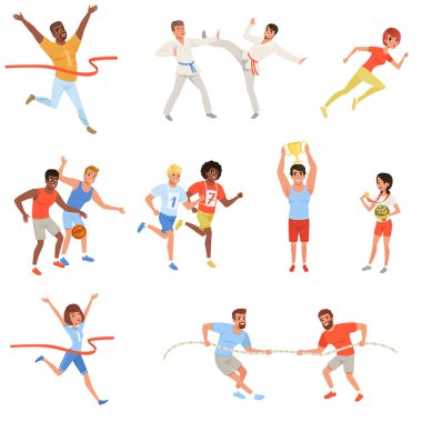 Düz farklı yarışmaya katılan insanlar spor. Basketbolcular, karate savaşçıları, halat, sporcular haçlar bitiş çizgisine kırmızı kurdele, erkek ve kadın kupa ile