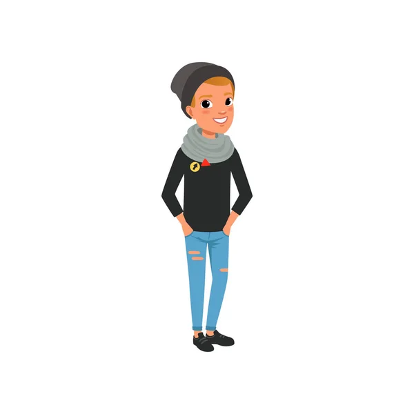 Стильный подросток в черном свитере, шляпе, синих порванных джинсах и шарфе. Персонаж мультяшного ребенка в модной одежде позирует с руками в карманах. Плоский векторный дизайн — стоковый вектор