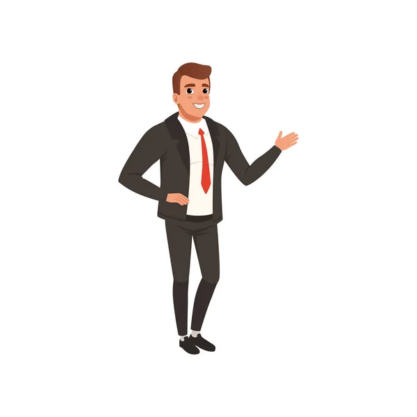 Молодой уверенный в себе бизнесмен стоит и машет рукой. Мультфильм мужской персонаж в классическом черном костюме с красным галстуком. Успешный офисный менеджер. Плоский векторный дизайн — стоковый вектор