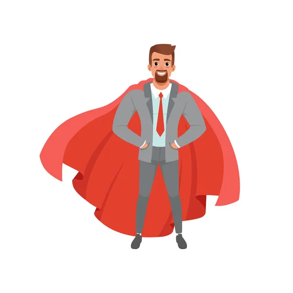 Hombre de negocios barbudo en traje gris, camisa, corbata roja y manto de superhéroe. Personaje masculino de pie con las manos en los bolsillos. Trabajador de oficina exitoso. Diseño de vector plano — Archivo Imágenes Vectoriales