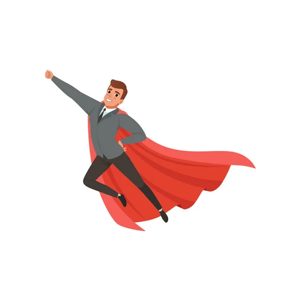 Cartoon character of businessman with superhero mantle flying with hand up. Cheerful caucasian male in jacket, pants, tie and shirt. Office worker. Flat vector design — Stock Vector