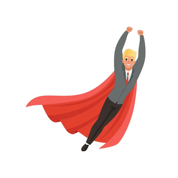Cheerful business man with classic superhero mantle in flying action with hands up. Cartoon young guy in stylish suit, shirt and tie. Office worker. Flat vector design — Stock Vector