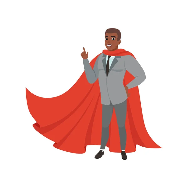 Веселий афро-американський бізнесмен стоїть з індексним пальцем вгору. Чоловічий персонаж у костюмі, краватці та червоній супергеройській мантії. Успішний офісний працівник. Плоский векторний дизайн — стоковий вектор