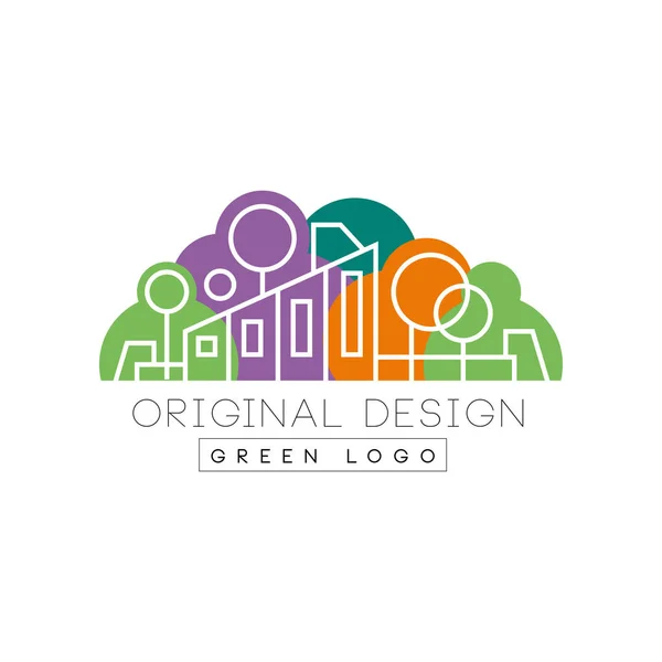 Kreativní logo s abstraktní kompozice lineární město budov pozadí zeleného parku. Izolované ploché vektorový design pro leták, vizitku, realitní kancelář — Stockový vektor