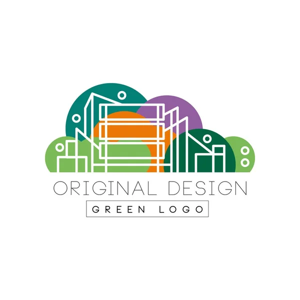 Projeto original do logotipo da cidade com edifícios altos em estilo linear. Fundo de natureza colorida. Centro de entretenimento. Rótulo vetorial plano isolado para empresa — Vetor de Stock