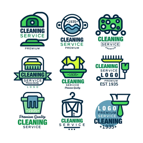 Cleaning service premium quality logo design set, home and office cleaning, car wash and outdoor cleaning vector Illustrations — Stock Vector