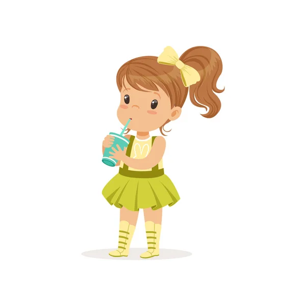 Cute brown-haired girl drinking her refreshing cocktail. Cartoon kid character in t-shirt with bunny print and green skirt with suspenders. Flat vector design — Stock Vector