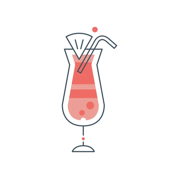 Copa de cóctel de huracán con paja para beber y rebanada de naranja. Bebida alcohólica tropical. Icono de vector plano con contorno negro y color de relleno rojo — Archivo Imágenes Vectoriales