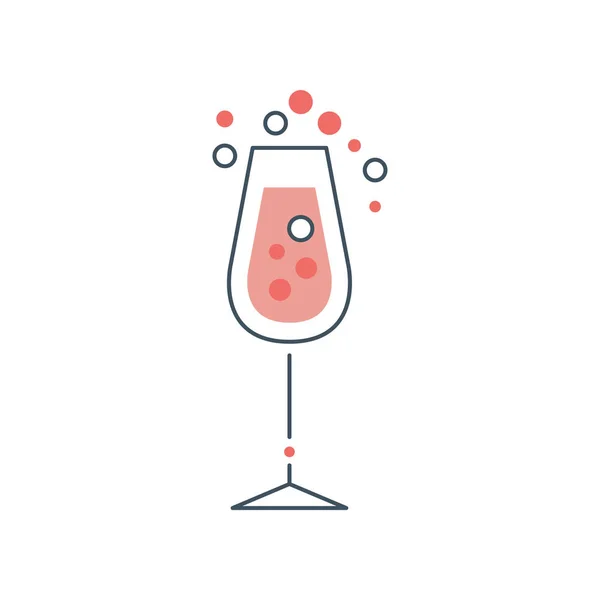 Copa de champán o vino espumoso con burbujas. Concepto de cóctel alcohólico. Icono de moda con contorno negro y color de relleno rojo. Diseño vectorial plano aislado — Archivo Imágenes Vectoriales