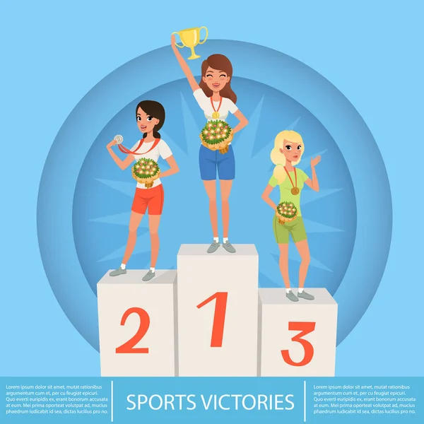 Tres atletas femeninas con trofeo y medallas en el pedestal. Competencia deportiva. Ceremonia de premios. Chicas jóvenes de dibujos animados en ropa deportiva. Diseño de vector plano — Vector de stock