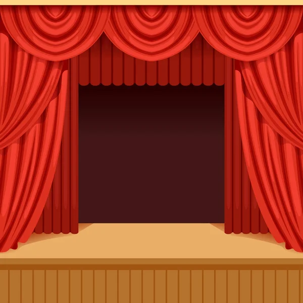 Theater scene with red curtain and dark scenery. Stage with scarlet velvet drapery. Background for event or performance poster. Flat vector — Stock Vector