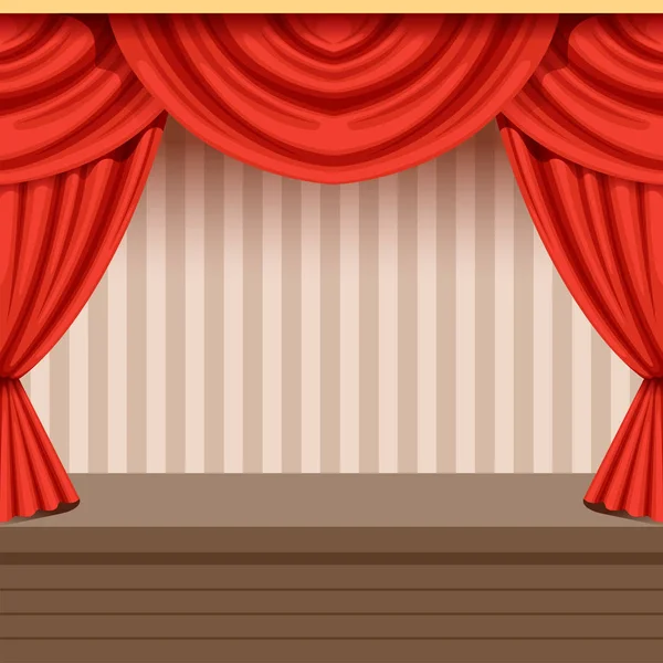 Retro theater scene background design with red curtain and striped backdrop. Wooden stage with drapery and lambrequins. Interior illustration. Flat vector