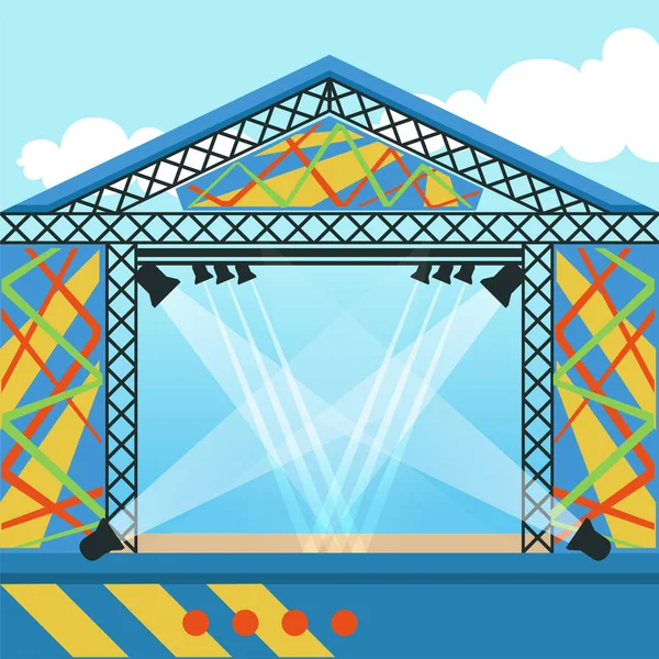Stage for open air festival, music event or rock concert. Scene equipped with lights. Background for fest or event invitation. Cartoon flat vector illustration — Stock Vector