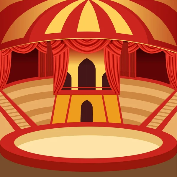 Desenho de desenho animado de arena de circo. Palco clássico com cúpula listrada amarela e vermelha, senta-se e cortinas. Antecedentes para cartaz ou convite. Vetor — Vetor de Stock