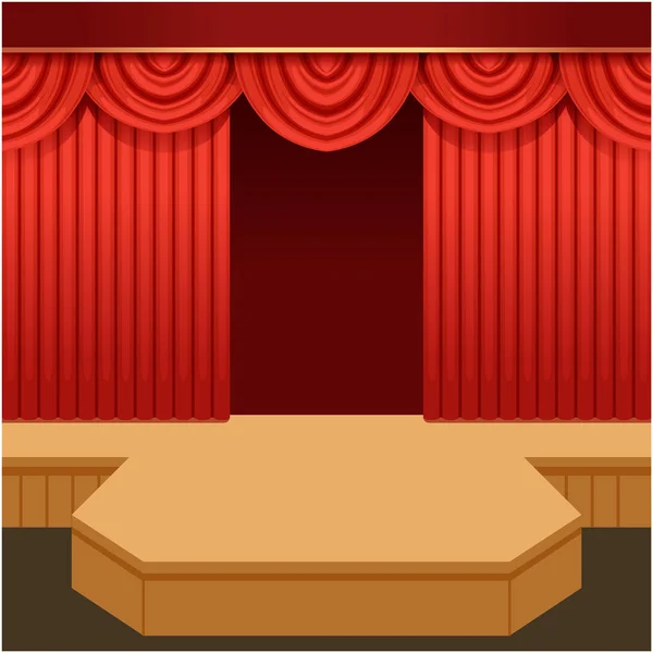 Cena de teatro aberto com cortina vermelha e pódio de moda. Fase de exibição de madeira com cortinas de veludo escarlate e pelmet. Ilustração de desenho animado plano vetorial . — Vetor de Stock
