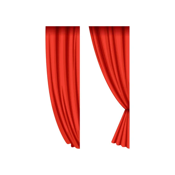 Icons of red silk or velvet theatrical curtains for right side of the stage. Cartoon luxury scarlet drapery with light and shadows. Flat vector — Stock Vector