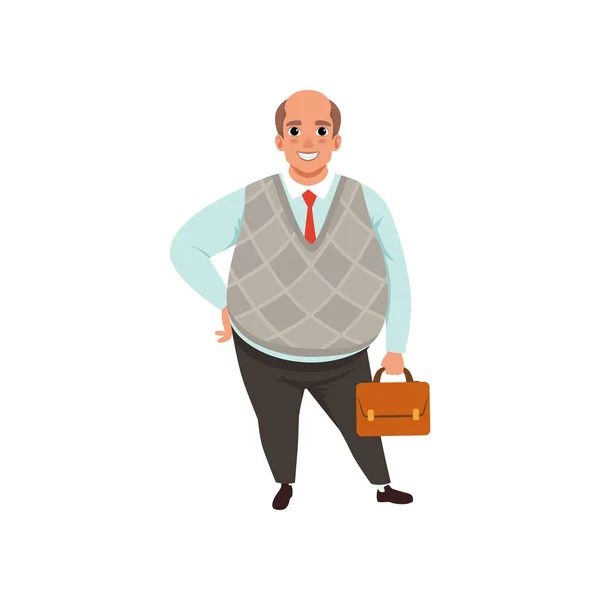 Fat businessman with bald head holding brown briefcase. Cartoon male character in formal clothing shirt, vest, tie and trousers. Office worker. Flat vector design — Stock Vector