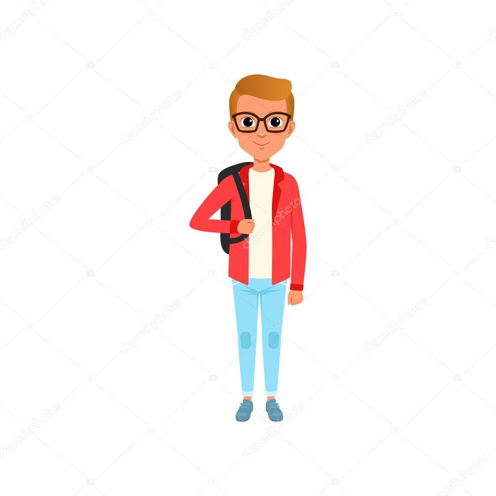 Cartoon child character in red jacket, white t-shirt and jeans. Boy with brown hair in glasses with backpack on shoulders. Stylish teenage clothes. Flat vector design