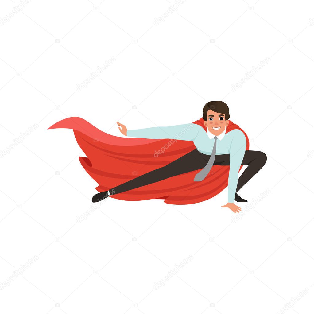 Business man with superhero mantle in landing powerful action. Young male character in shirt, pants and tie. Office worker ready to fight for career achievement. Flat vector