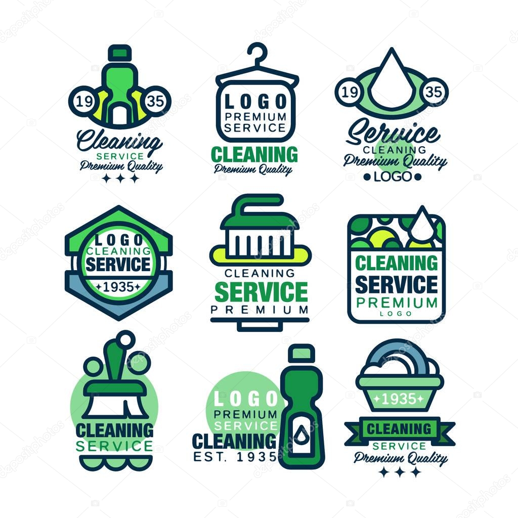 Cleaning service premium quality logo template set, home and office cleaning, car wash and outdoor cleaning vector Illustrations on a white background