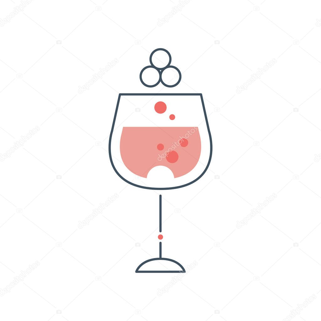 Glass goblet of red wine. Concept of alcoholic beverage in thin line style with pink fill. Original graphic element for logo or invitation card. Flat vector design