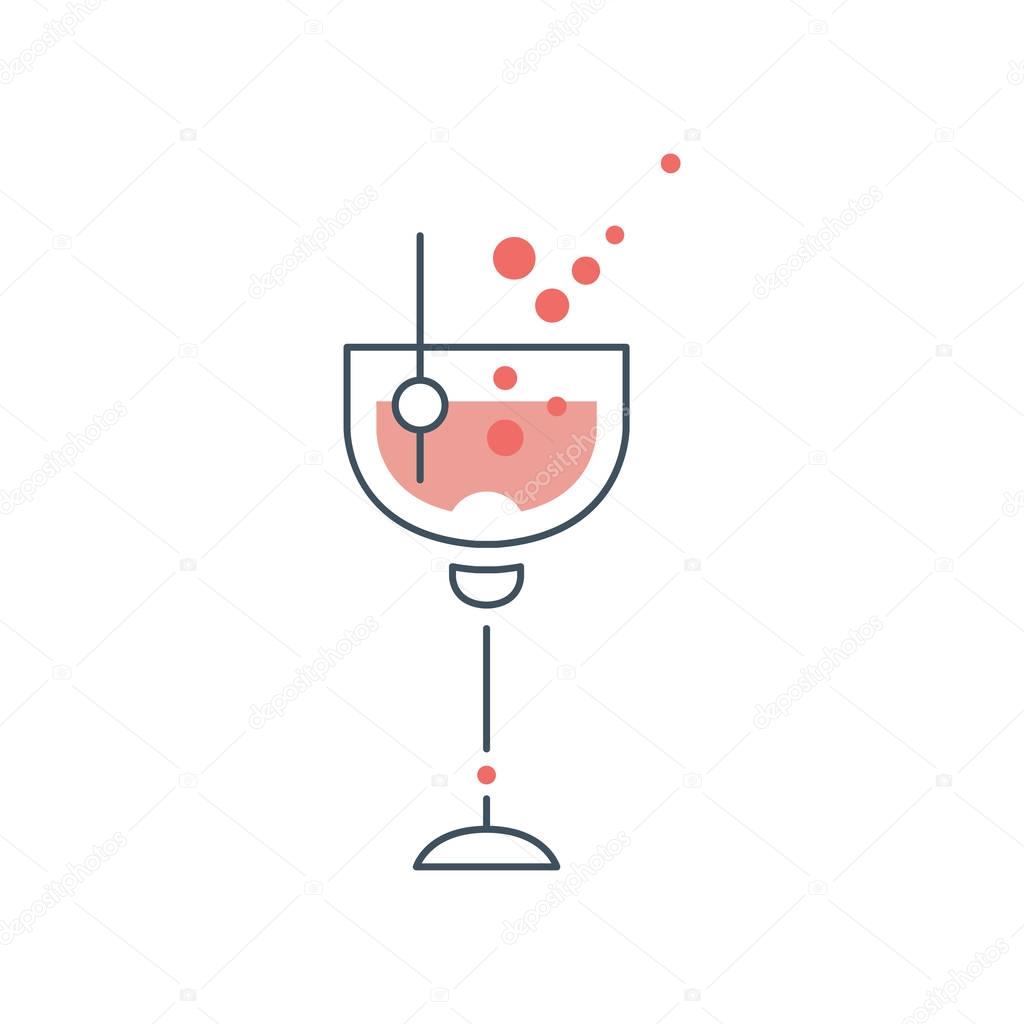 Glass of alcoholic cocktail with olive on toothpick. Concept of alcohol drink. Icon in line style with pink fill. Original logo design for cafe or bar. Vector illustration isolated on white background