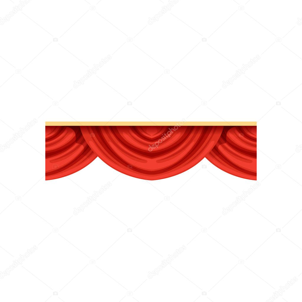 Flat cartoon design element of red pelmets border for theater stage or concert hall. Scarlet lambrequins icon. Vector isolated on white.