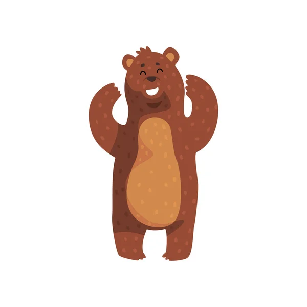 Веселый медведь гризли стоит с поднятыми лапами. Карикатурное дикое животное с белыми зубами, маленькими ушами и коричневым мехом. Лесное существо. Плоский вектор для наклейки, печати, открытки — стоковый вектор