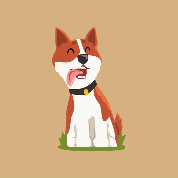 Farbenfroher walisischer Corgi auf grünem Rasen. entzückender Welpe sitzend mit heraushängender Zunge. Zeichentrickfigur des Haushundes. Flachvektor für Druck, Postkarte oder Aufkleber — Stockvektor