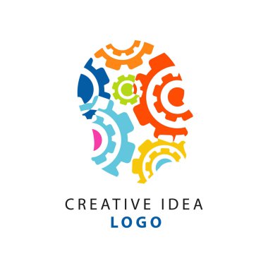 Yaratıcı bir fikir logo şablonu için renkli düz dişli mekanizması ile soyut insan kafa şekli. İnsanlar düşünce kavramı. Beyaz izole vektör