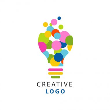 Yaratıcı bir fikir logo için elektrikli ampul orijinal Illustration. Çocukların yaratıcılık ve Geliştirme Merkezi etiket. Düz vektör üzerinde beyaz izole