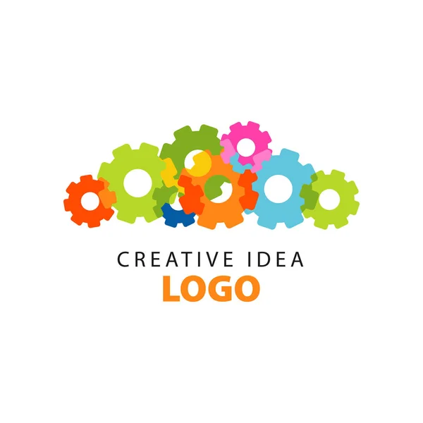 Creative idea logo design template with colorful flat gears. Educational business, development center label. Vector illustration isolated on white. — Stock Vector
