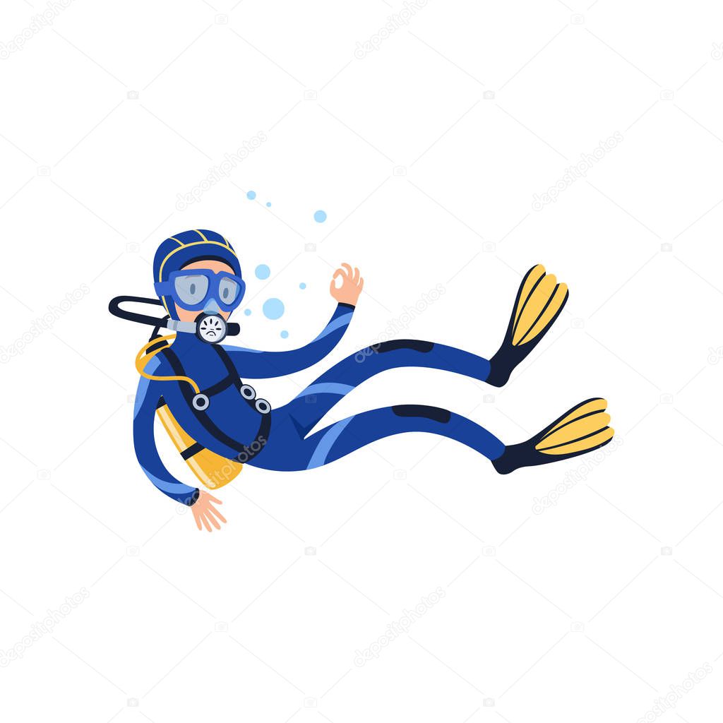 Professional diver swimming underwater and showing OK gesture. Cartoon man character in wetsuit, mask, flippers and aqualung on back. Extreme water sport. Flat vector design