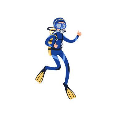 Sualtı yüzme ve başparmak gösterilmesini dalgıç. Özel dalış kostüm, maske, palet ve nefes gaz geri adam. Aşırı sualtı spor. Düz vektör tasarımı