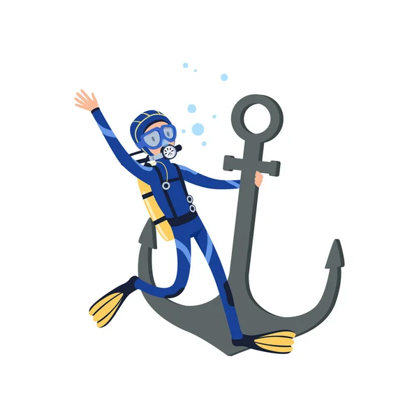 Taucher, der an einem großen alten Anker festhält. Unterwasser-Abenteuer. Zeichentrickfigur in speziellem Taucherkostüm, Maske, Schwimmflossen und Ausrüstung zum Atmen auf dem Rücken. flacher Vektor — Stockvektor