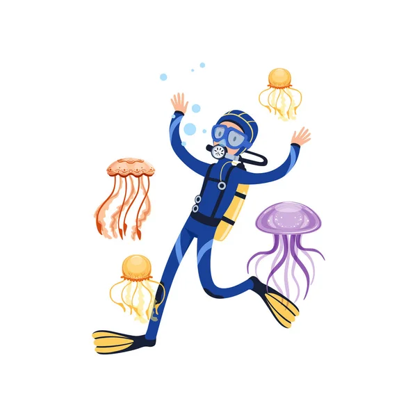 Man swimming with wonderful marine creatures. Colorful jellyfish. Cartoon scuba diver in blue wetsuit, mask, flippers and equipment for breathing on back. Flat vector design — Stock Vector