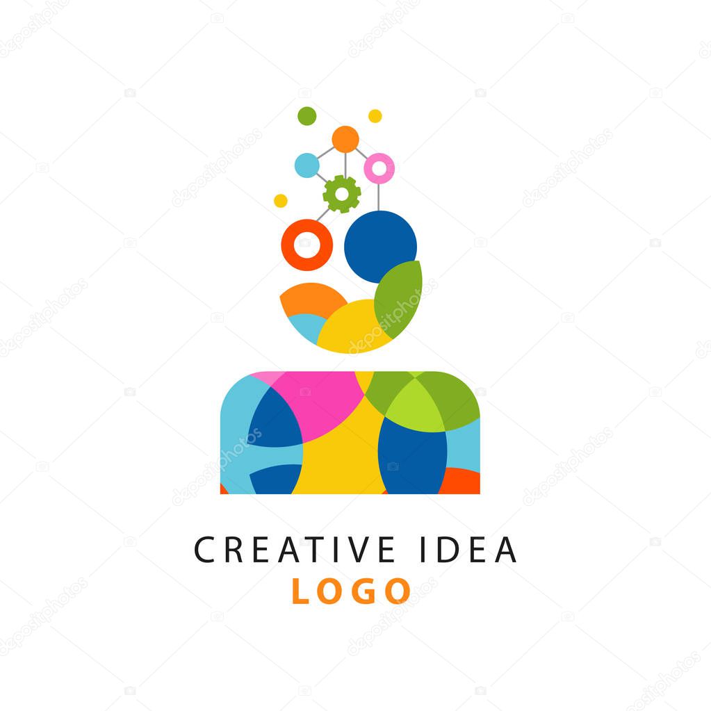 Colorful logo design with abstract geometric creative idea or human thinking process. Gear mechanism in man s head. Vector isolated on white