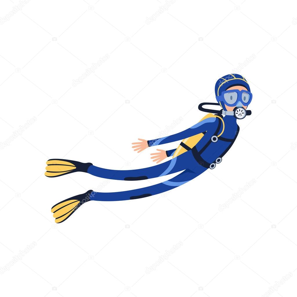 Professional scuba diver swimming underwater. Cartoon man character in special diving costume, mask, flippers and equipment for breathing on back. Flat vector design