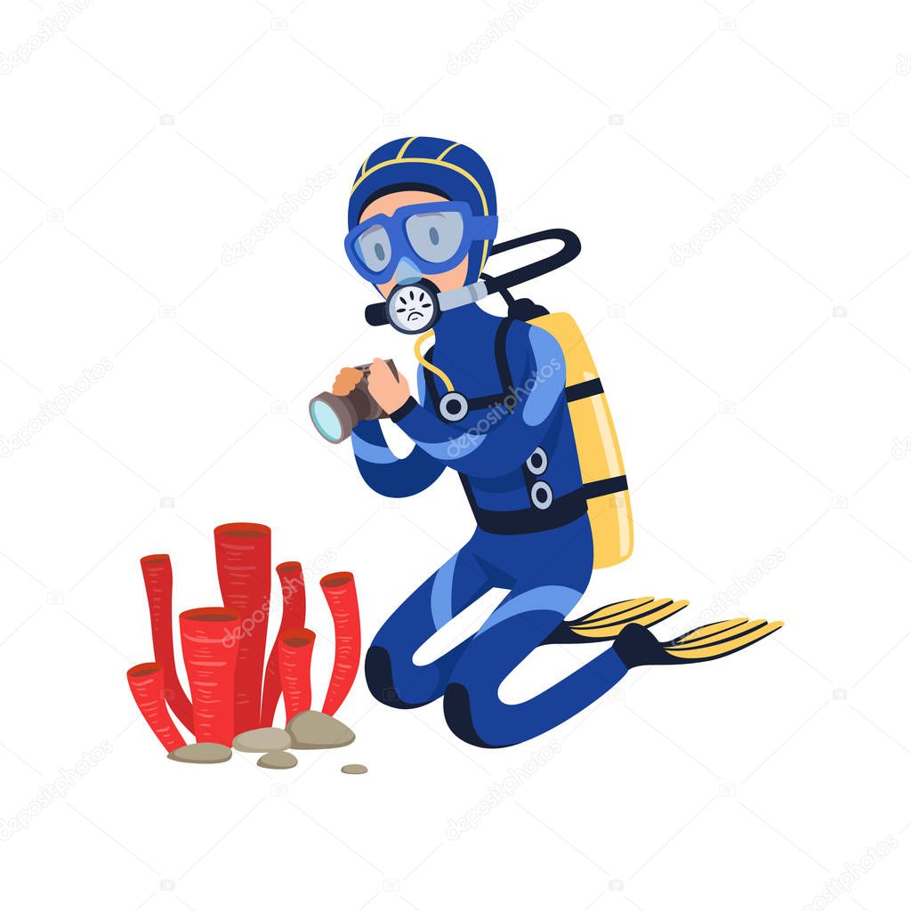 Diver at bottom of the ocean taking photos of marine plants. Cartoon man character in wetsuit, mask, flippers and aqualung on back. Colorful flat vector design
