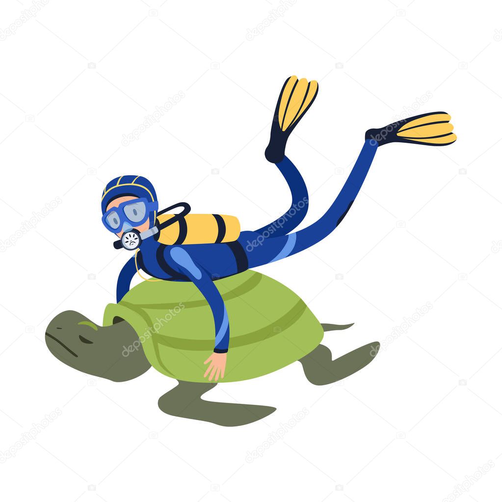 Cartoon man character swimming with giant exotic tortoise in tropical waters. Diver in wetsuit, mask, flippers and aqualung on back. Summer vacation. Flat vector design