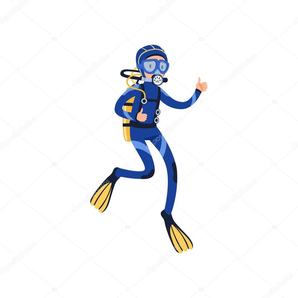 Diver swimming underwater and showing thumb up. Man in special diving costume, mask, flippers and breathing gas on back. Extreme underwater sport. Flat vector design