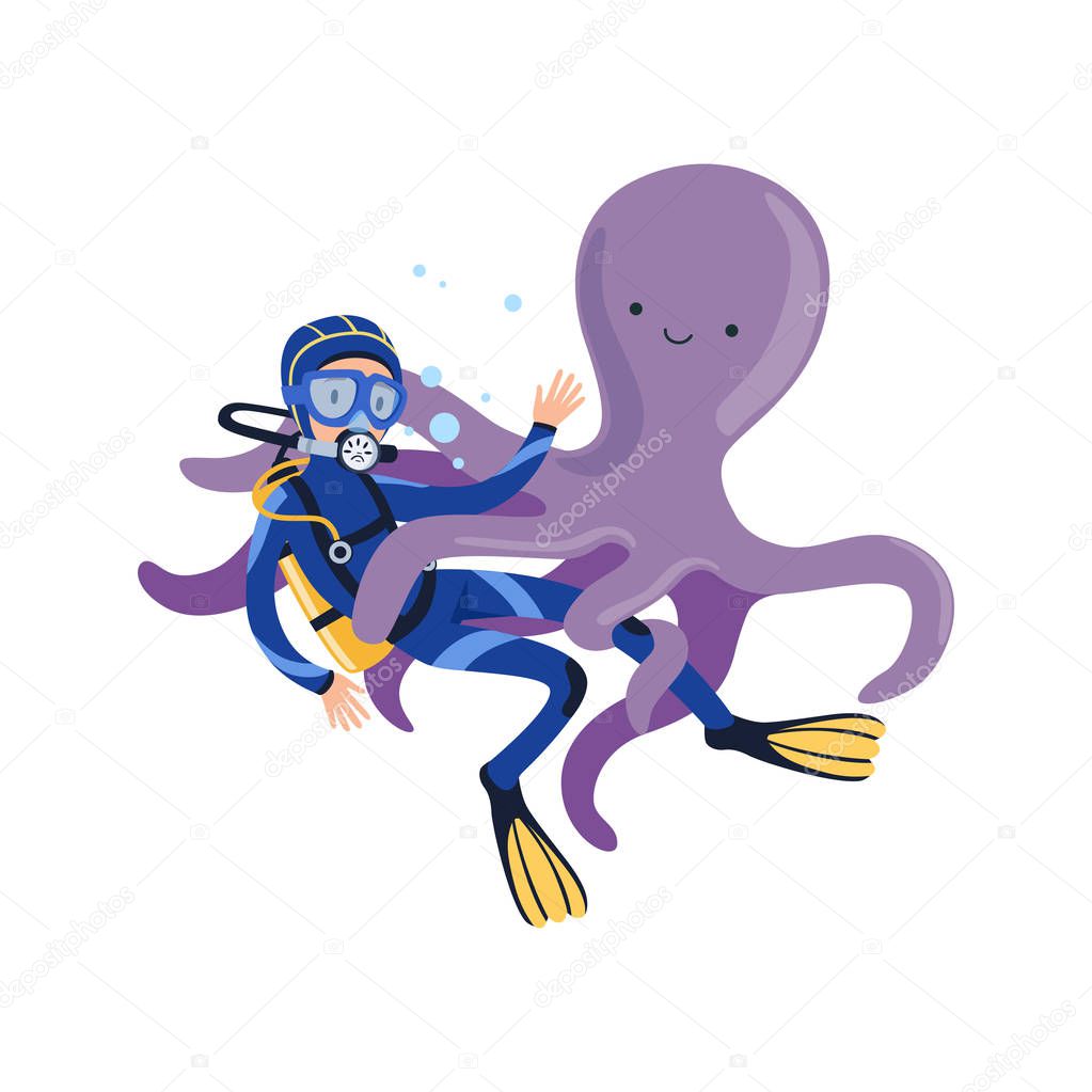 Giant purple octopus attacked diver with his tentacles. Marine life. Cartoon man in blue wetsuit, mask, flippers and equipment for breathing on back. Flat vector design