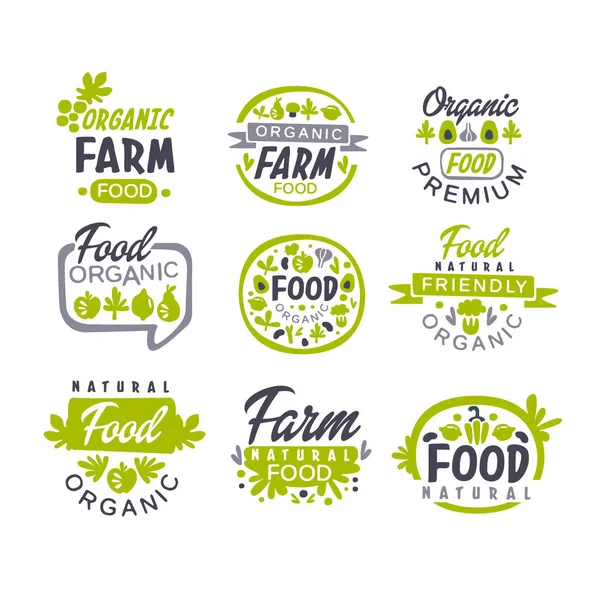 Creative hand drawn gray and green design of organic food logo set. Fresh farm products. Labels for shop or market. Vector collection — Stock Vector